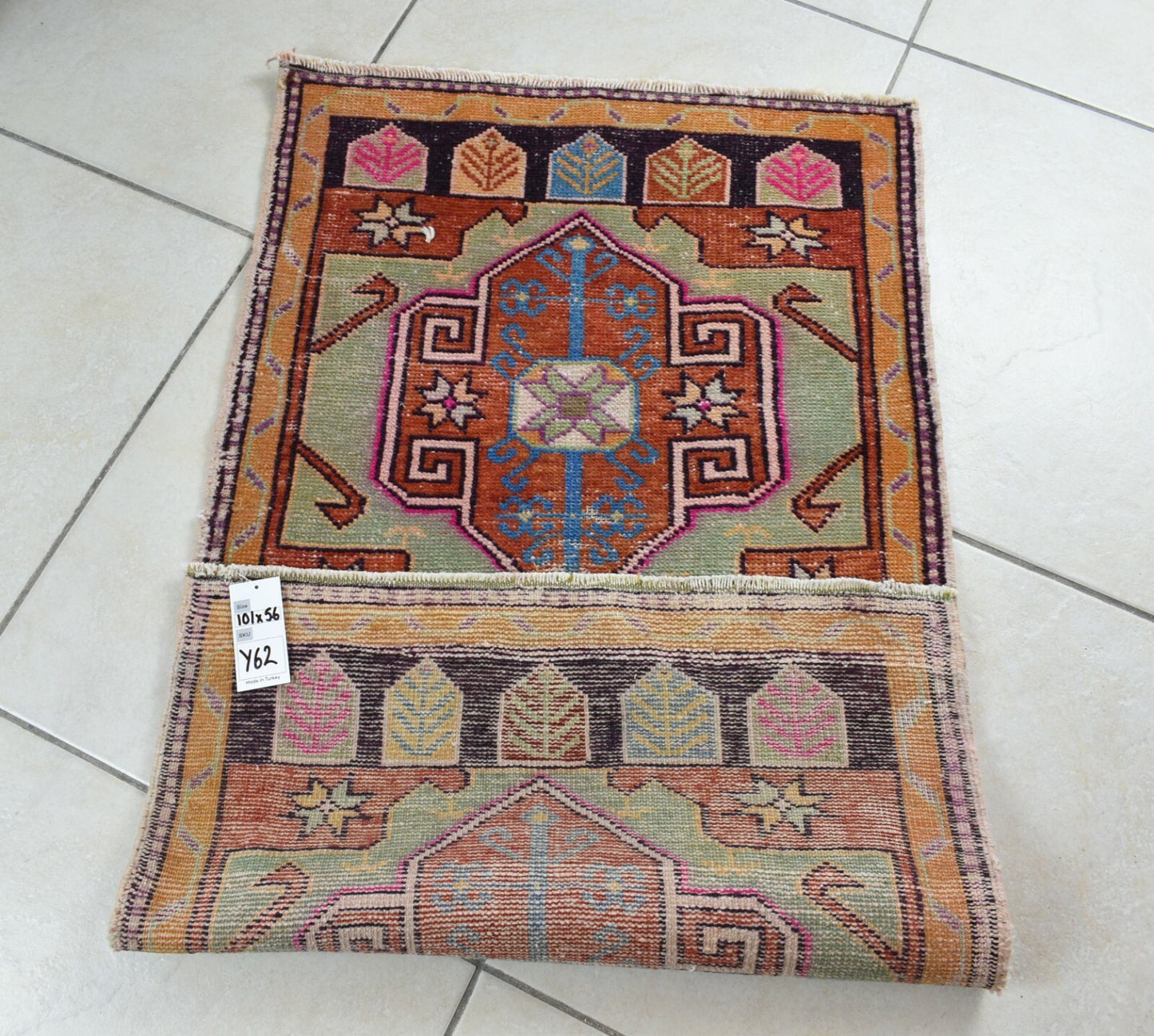 Turkish Runner 3.3x1.8 ft Vintage Small Rug Oushak Runner Anatolian Mini Rug Y62