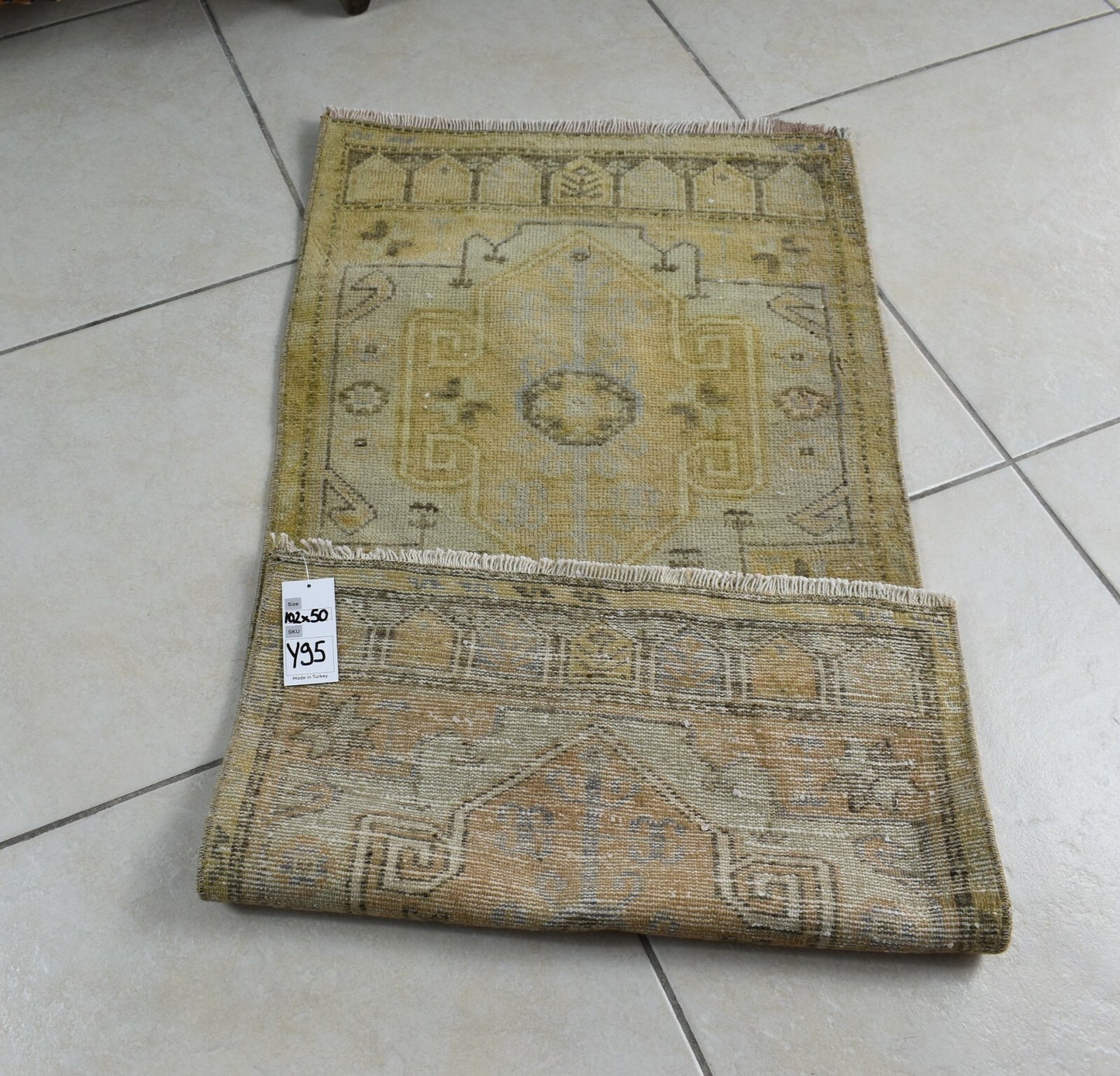 Vintage Runner 3.3x1.6 ft Mini Turkish Rug Oushak Runner Anatolian Runner Y95