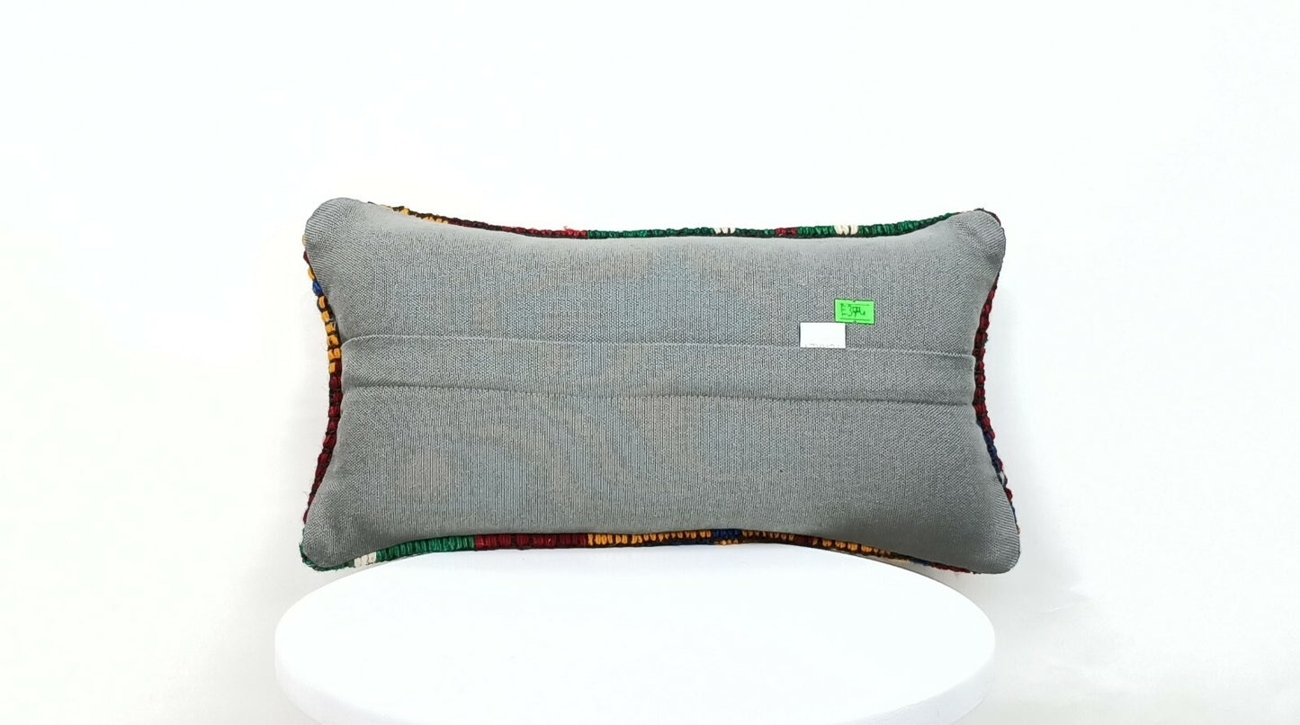 Turkish Kilim Pillow Cover 8"x16" Handmade Oushak Rug Tribal Lumbar Cushion E374