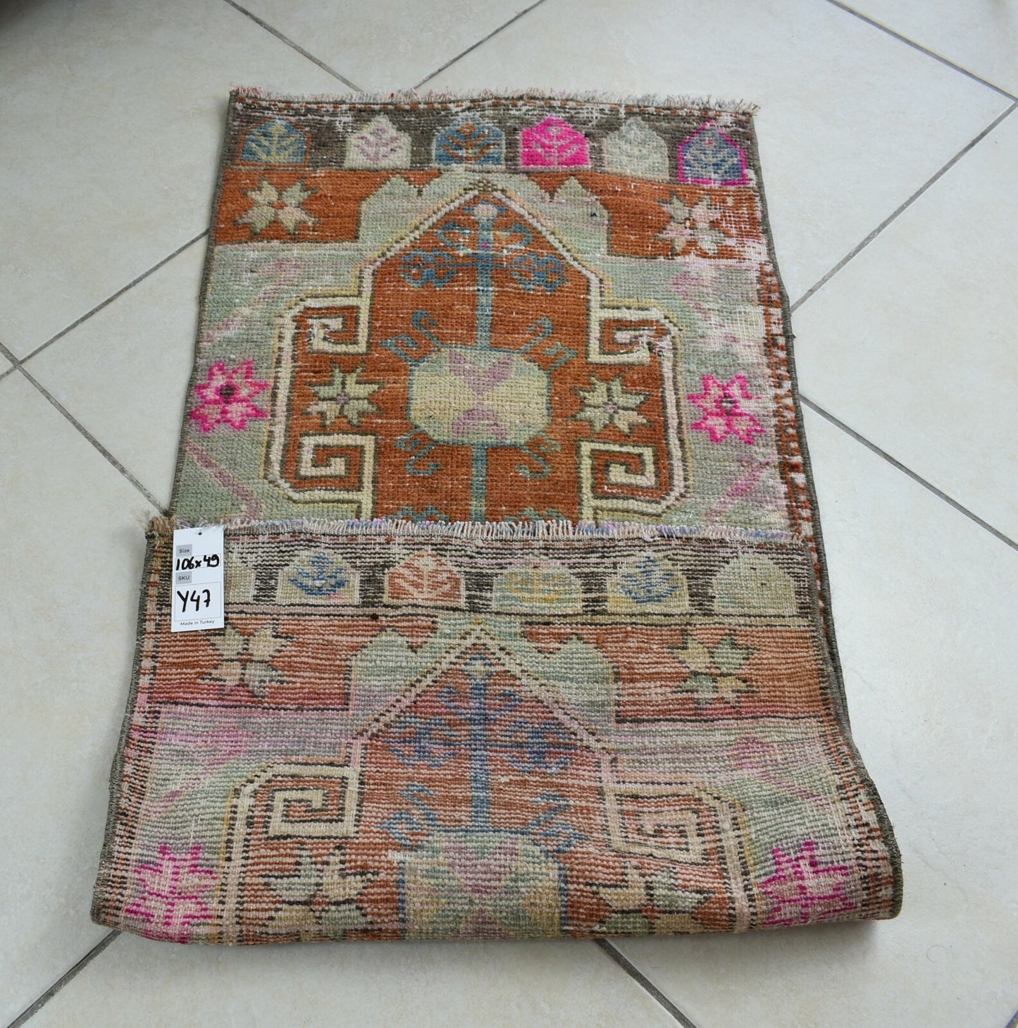 Oushak Runner 3.4x1.6 ft Vintage Turkish Rug Small Runner Anatolian Rug Y47