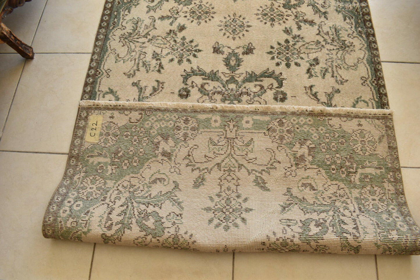 Handmade Vintage Oushak Runner 3.6 x 6.4 ft Accent Beige Green Area Rug C22