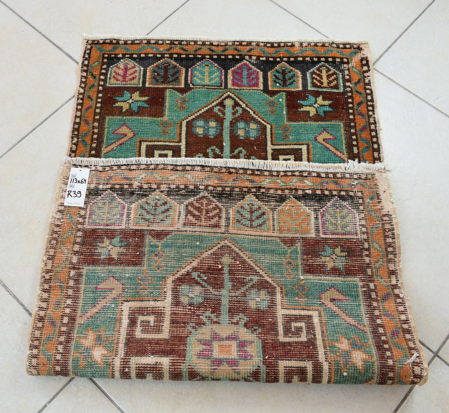 Small Turkish Runner 3.7x2 ft Vintage Runner Hallway Runner Handwoven Rug R39