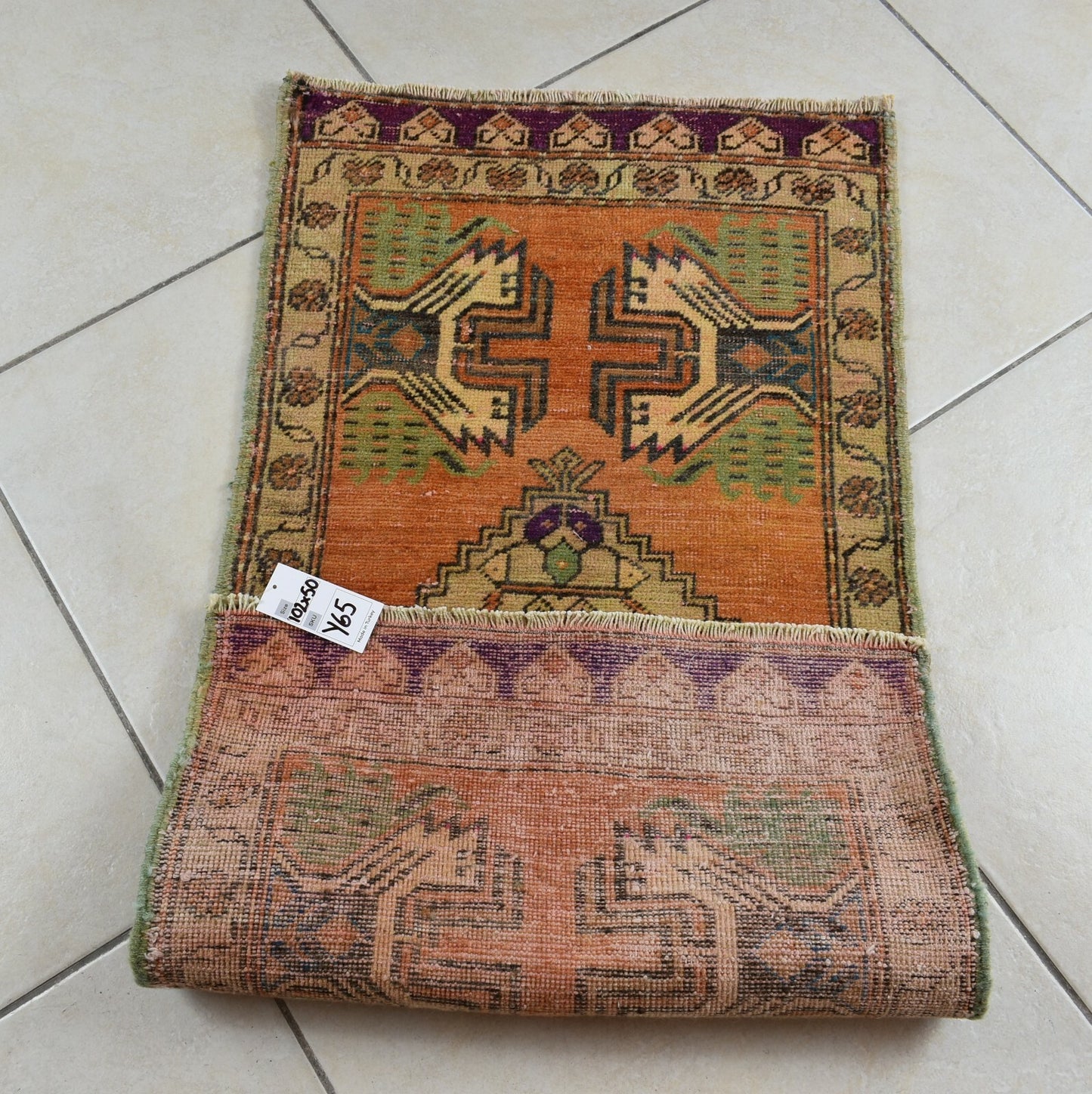 Turkish Runner 3.3x1.6 ft Vintage Small Rug Oushak Runner Anatolian Mini Rug Y65