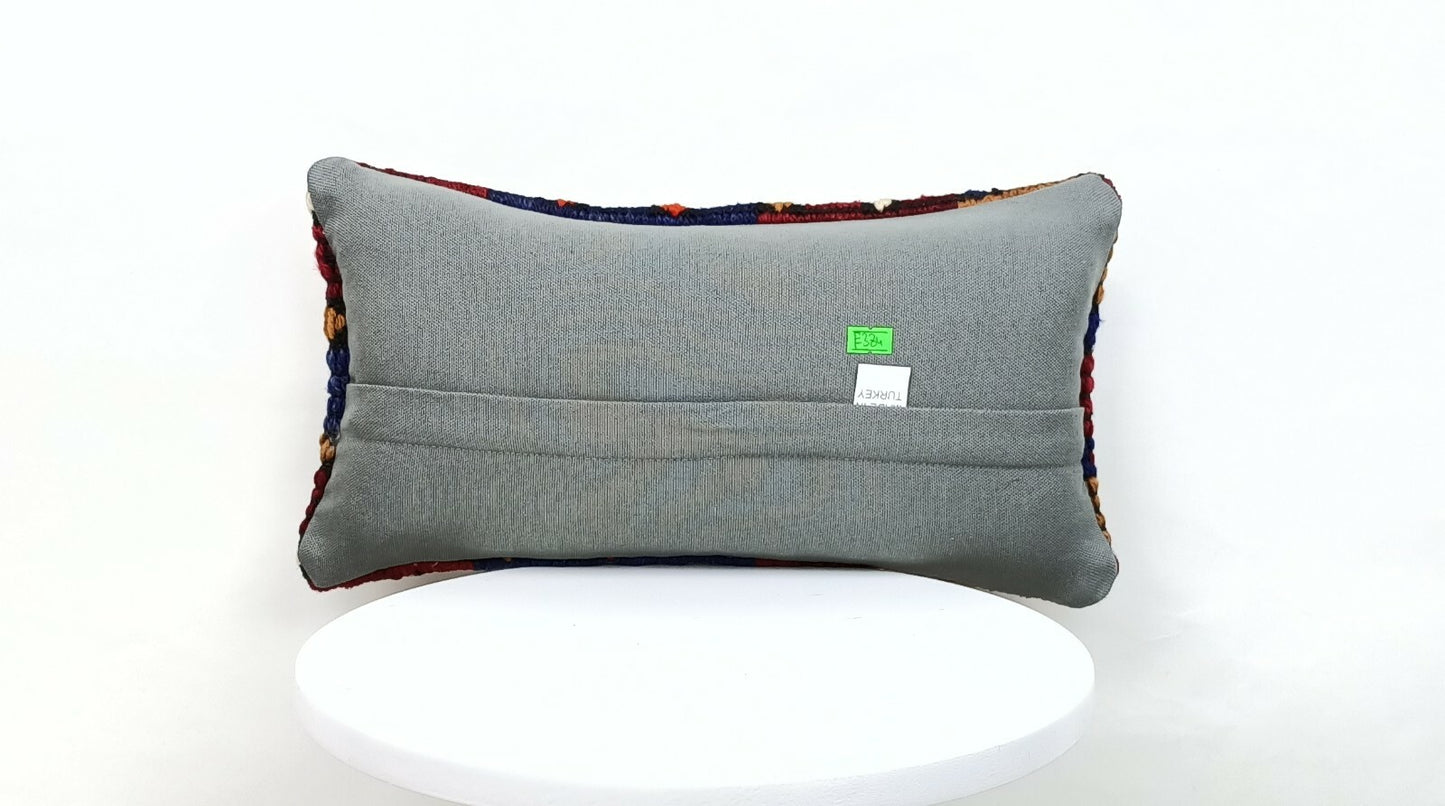 Turkish Kilim Pillow Cover 8"x16" Handknotted Vintage Tribal Lumbar Cushion E384