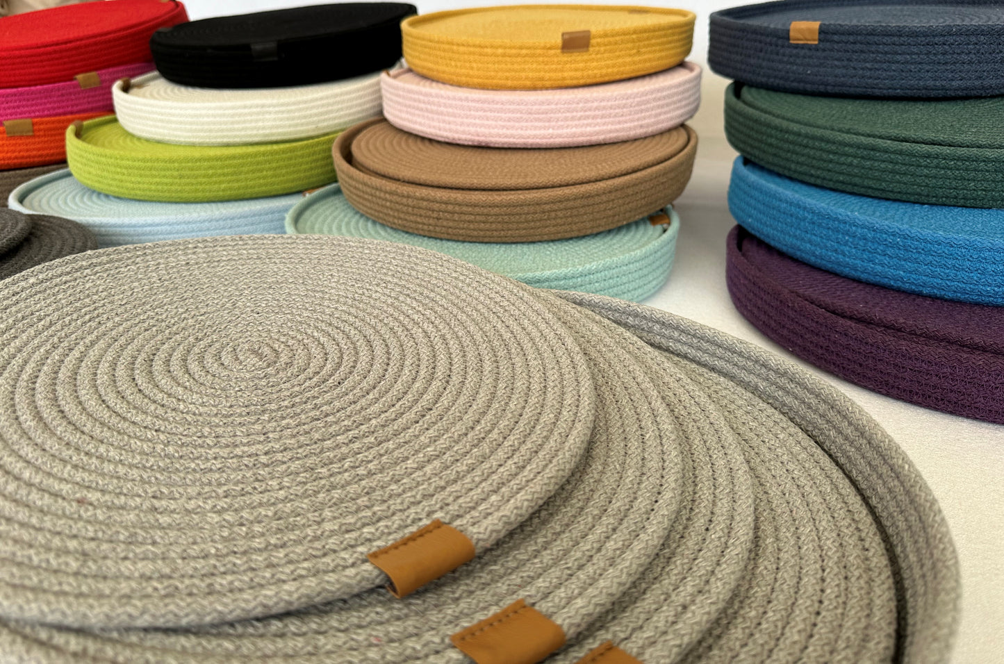 Set of 6 Cotton Rope Placemats with Holder - 13" Custom Size Colorful Dining Table Mats, Decorative Table Setting