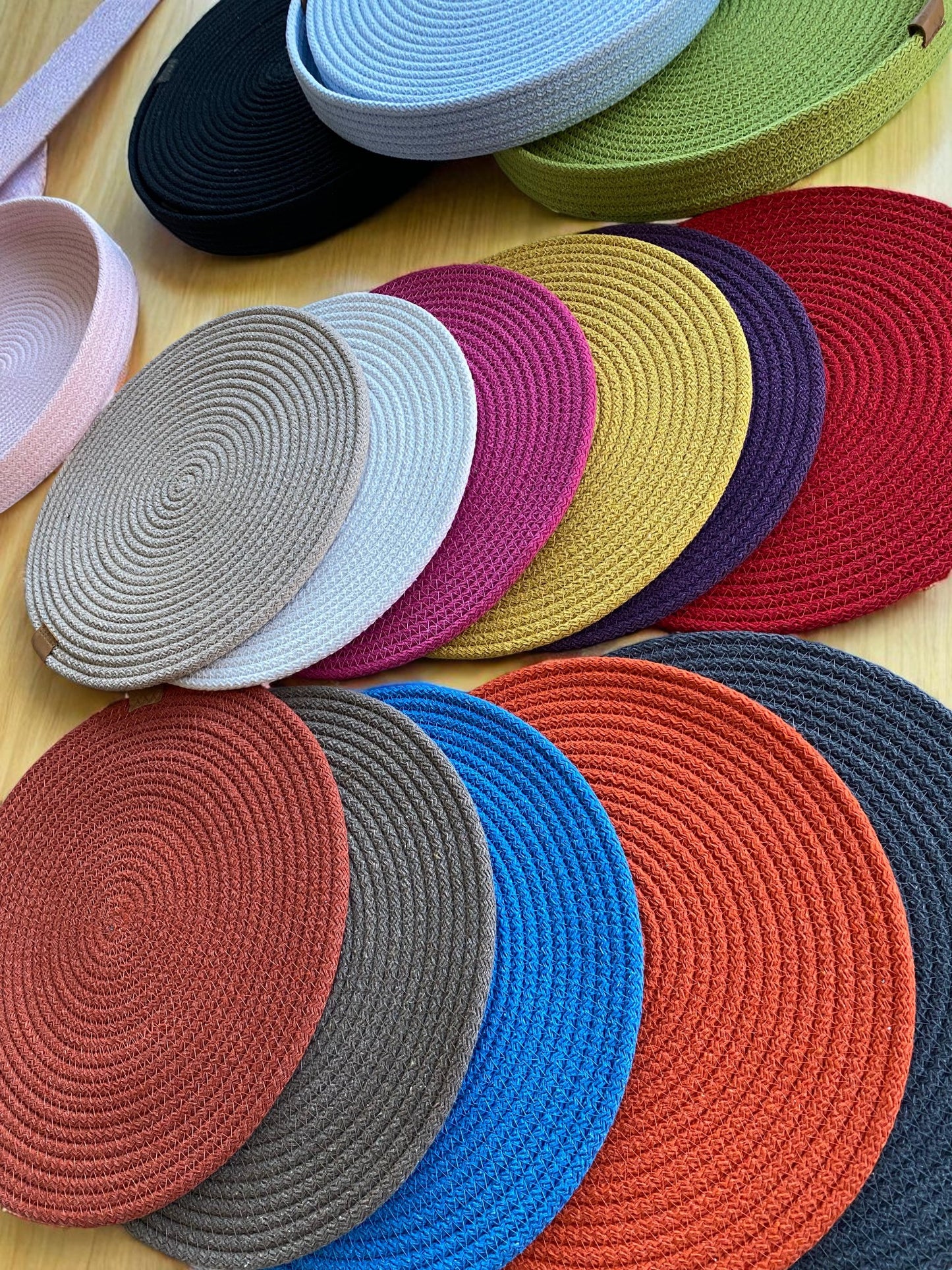 Set of 6 Cotton Rope Placemats with Holder - 13" Custom Size Colorful Dining Table Mats, Decorative Table Setting