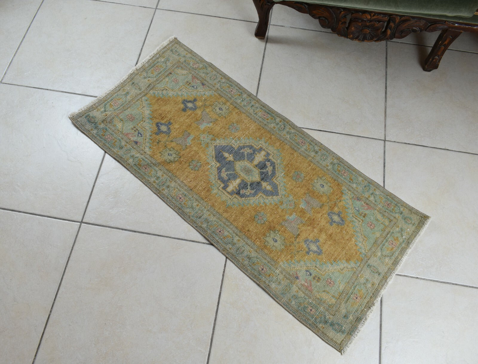 Turkish Runner 3.4x1.5 ft Vintage Small Rug Oushak Runner Anatolian Mini Rug Y73