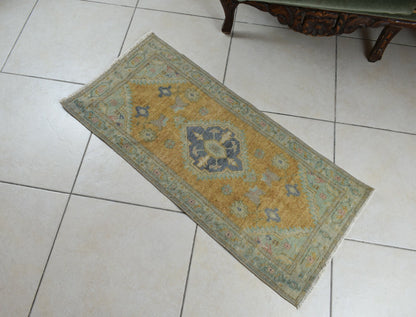 Turkish Runner 3.4x1.5 ft Vintage Small Rug Oushak Runner Anatolian Mini Rug Y73