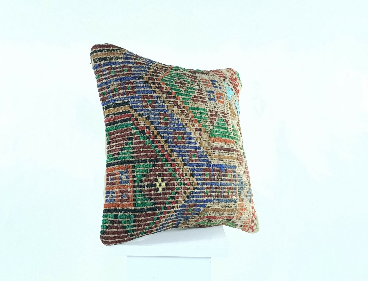 Kilim Pillow Cover 16x16 Turkish Traditional Handmade Lumbar Cushion Case A417