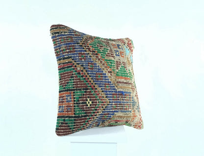 Kilim Pillow Cover 16x16 Turkish Traditional Handmade Lumbar Cushion Case A417