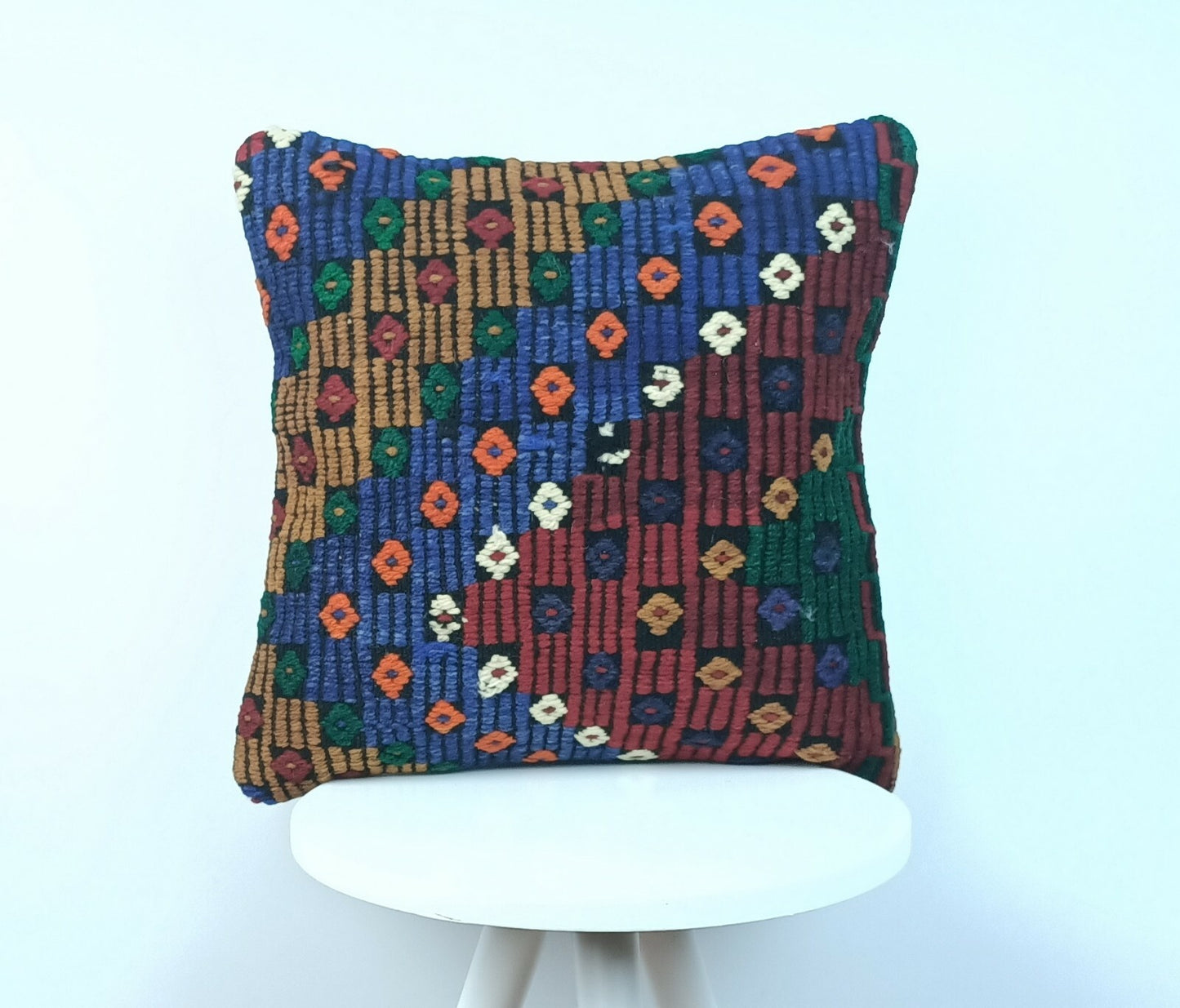Handmade Turkish Kilim Pillow Cover 16x16 Vintage Rug Tribal Lumbar Cushion E185