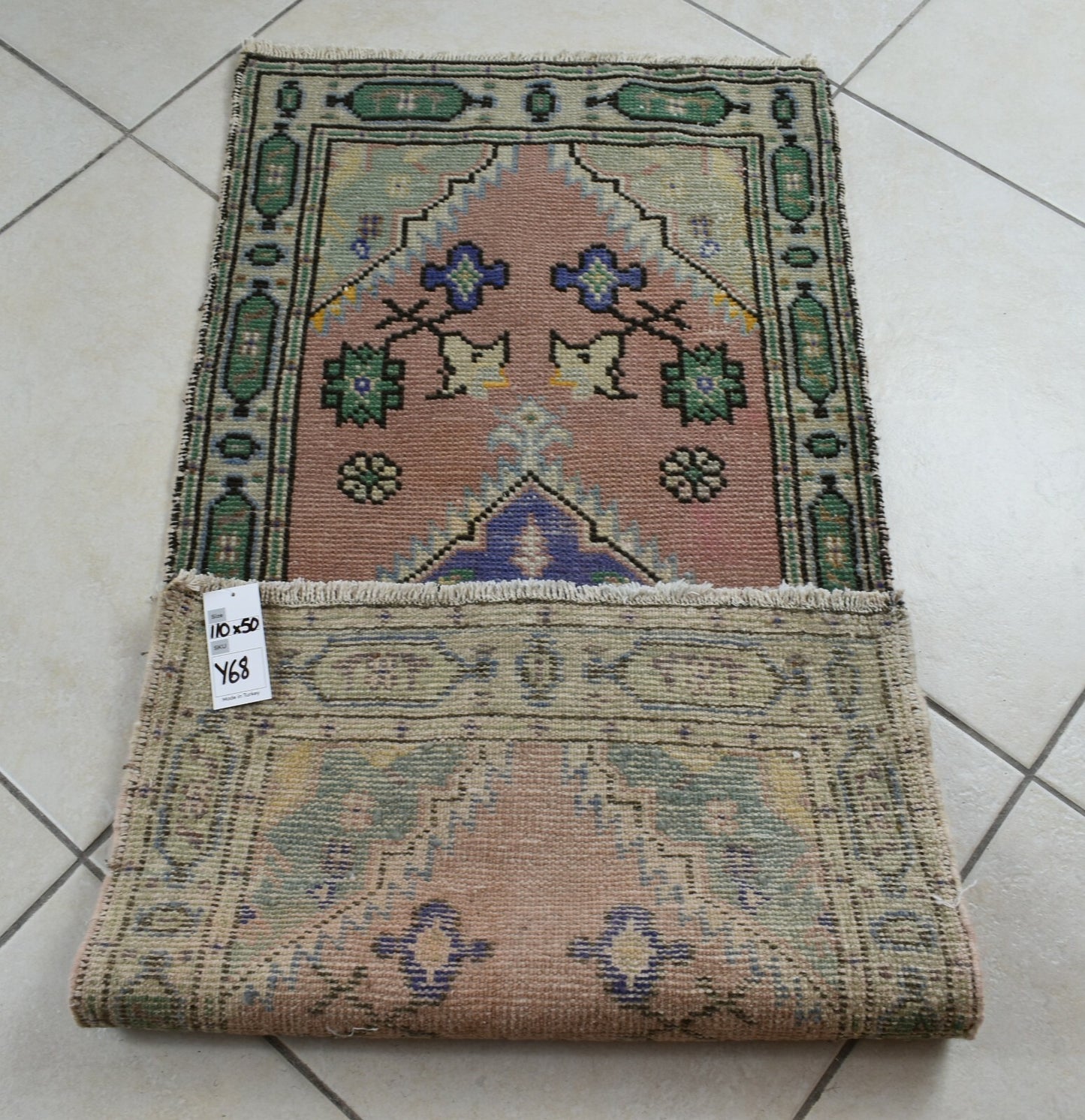 Turkish Runner 3.6x1.6 ft Vintage Small Rug Oushak Runner Anatolian Mini Rug Y68