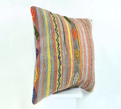 18"x18" Kilim Pillow Cover  Handmade Turkish Vintage Cushion Tribal Lumbar 2145