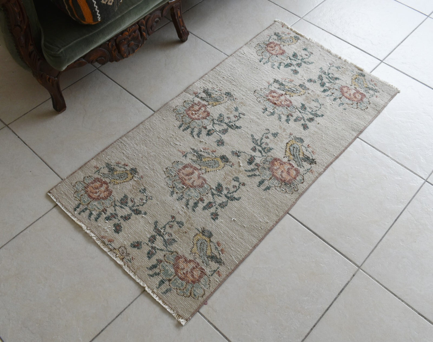 Vintage Oushak Rug 4x2 ft Turkish Floor Rug Faded Area Rug Oriental Rug