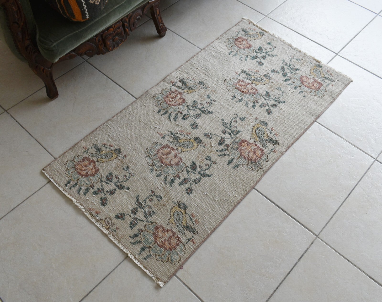 Vintage Oushak Rug 4x2 ft Turkish Floor Rug Faded Area Rug Oriental Rug