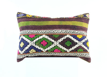 Kilim Pillow Cover 16x24 Tribal Vintage Turkish Carpet Lumbar Pillow Cover 1955
