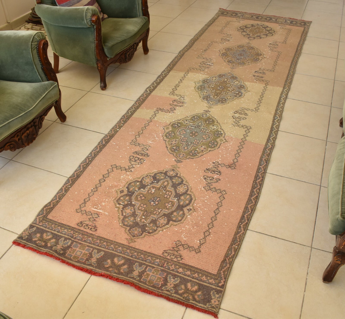 Vintage Oushak Rug 3.3 x 11.4 ft Handwoven Traditional Long Carpet Runner C42