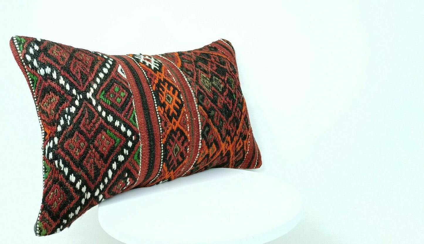 12x20 Kilim Pillow Cover Handmade Traditional Turkish Wool Lumbar Cushion E518