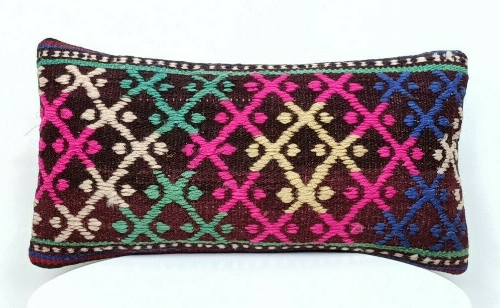 Turkish Kilim Pillow Cover 8"x16" Handmade Oushak Rug Tribal Lumbar Cushion E372