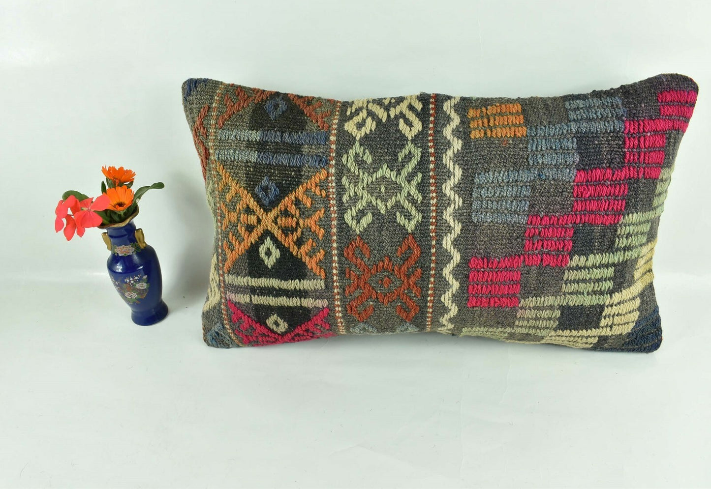 Kilim Pillow Cover 12x20 Turkish Handmade Vintage Couch Lumbar Cushion  A1842