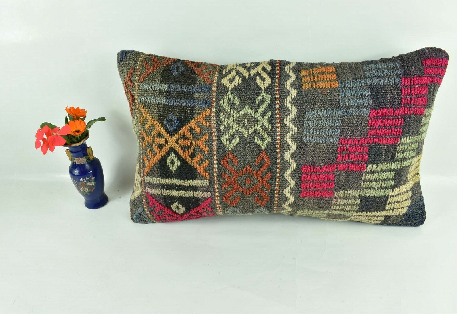 Kilim Pillow Cover 12x20 Turkish Handmade Vintage Couch Lumbar Cushion  A1842