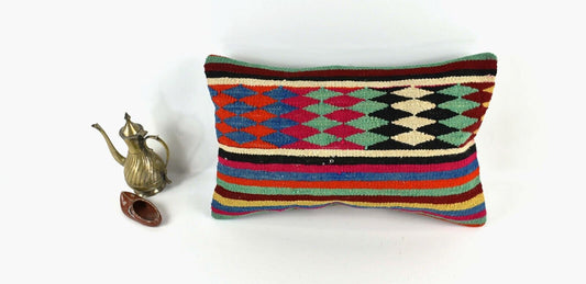 Kilim Pillow Cover 12x20 Handmade Turkish Rug Boho Ethnic Lumbar Cushion 3287