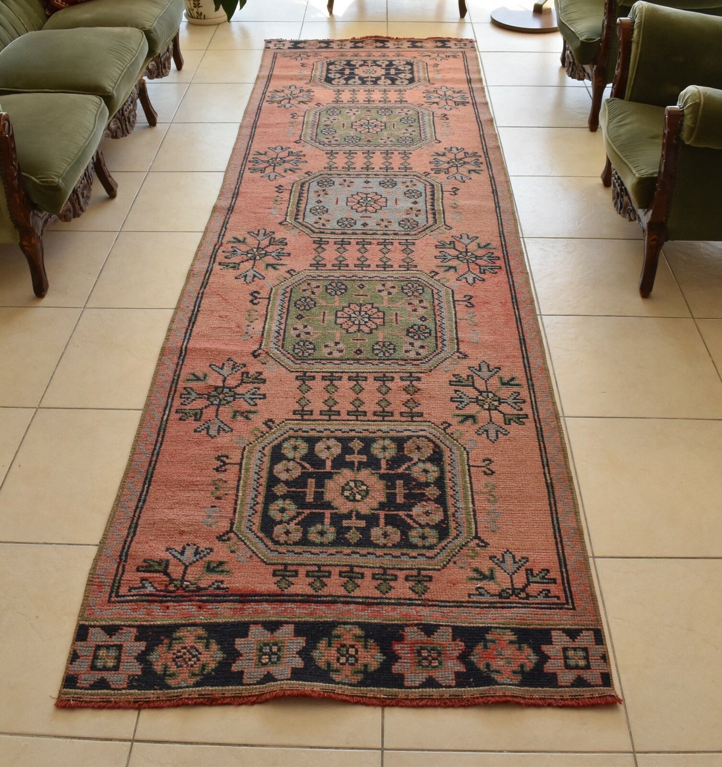 Handwoven Turkish Rug Runner  3.2 x 11.3 ft Oushak Kilim Ethnic Anatolian C43