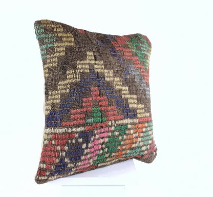 Kilim Pillow Cover 16x16 Anatolian Traditonal Wool Boho Sofa Lumbar Cushion A608