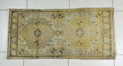 Vintage Runner 3.3x1.6 ft Mini Turkish Rug Oushak Runner Anatolian Runner Y95