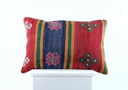 Kilim Pillow Cover 16x24 in Traditional Handmade Anatolian Lumbar Cushion A1494