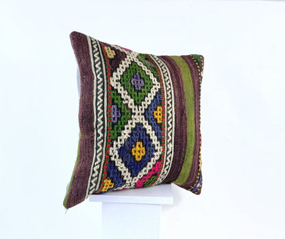 18"x18" Kilim Pillow Cover  Handmade Turkish Vintage Cushion Tribal Lumbar 1837