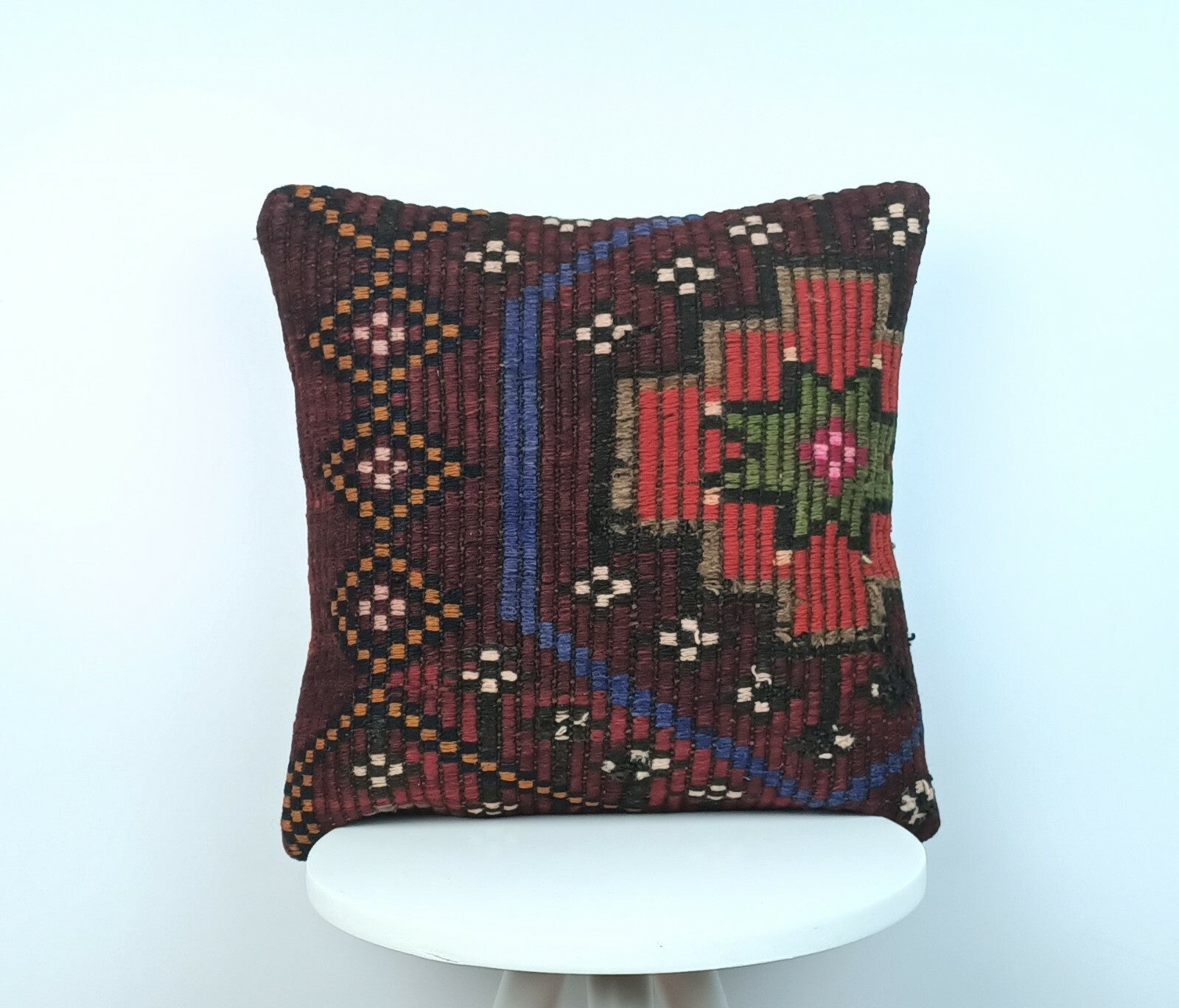 Handmade Turkish Kilim Pillow Cover 16x16 Vintage Rug Tribal Lumbar Cushion E180