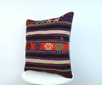 Kilim Pillow Cover 16x16 Handmade Vintage Wool Lumbar Tribal Ethnic Cushion E160