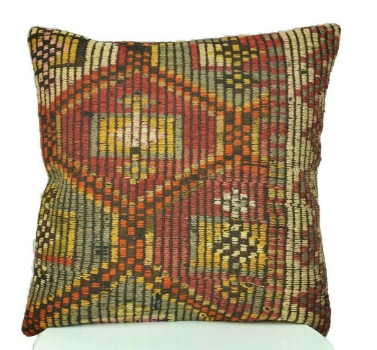 Kilim Cushion Case 16x16 Vintage Tribal Decorative Turkish  Pillow Cover E203-1