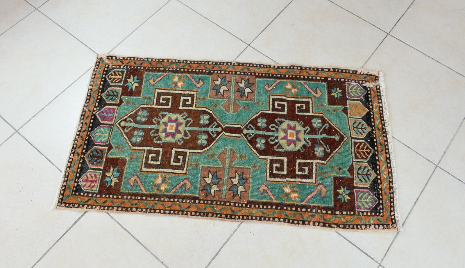 Small Turkish Runner 3.7x2 ft Vintage Runner Hallway Runner Handwoven Rug R39