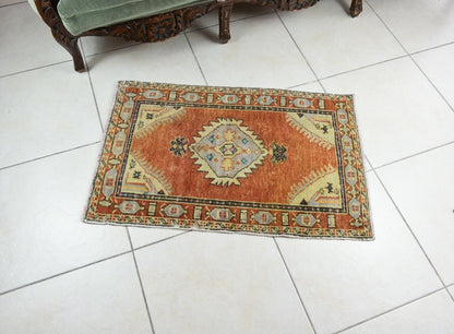 Turkish Runner 2.9x1.9 ft Vintage Small Rug Oushak Runner Anatolian Mini Rug Y74