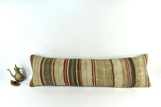 Long Kilim Pillow Cover 12x42 Handmade Oushak Rug Ethnic Ottoman Lumbar  A2094