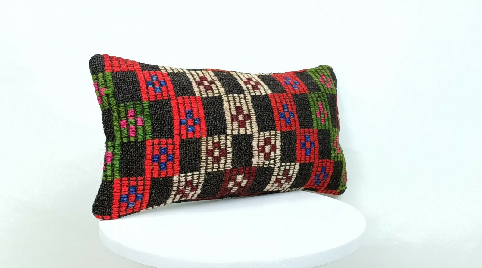 Turkish Kilim Pillow Cover 8"x16" Handmade Oushak Rug Tribal Lumbar Cushion E379