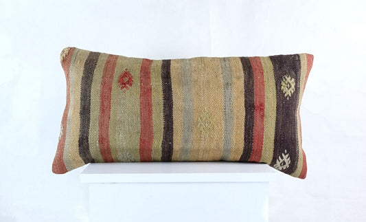 Handmade Turkish Kilim Pillow Cover 12x24 Ethnic Boho Sofa Lumbar Cushion E1000