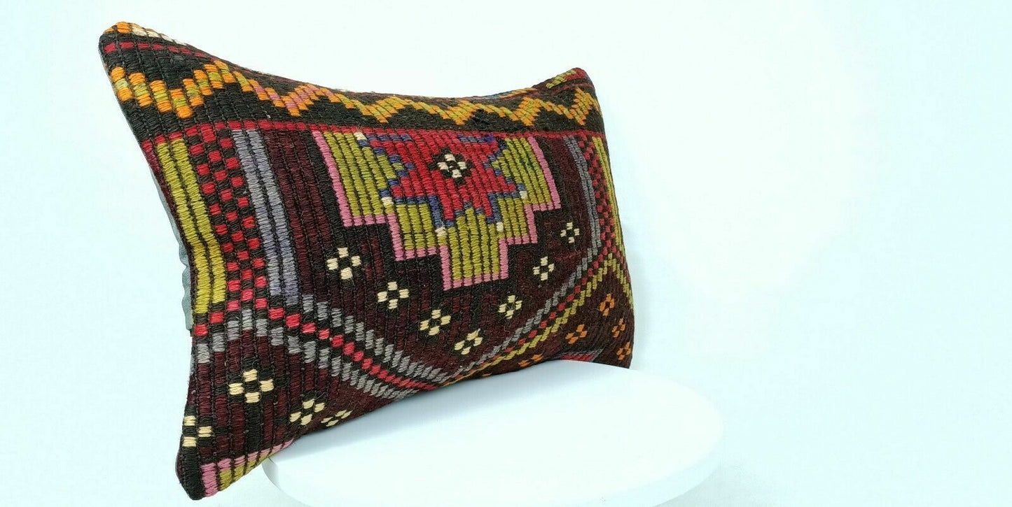 12x20 Kilim Pillow Cover Handmade Traditional Turkish Wool Lumbar Cushion E513