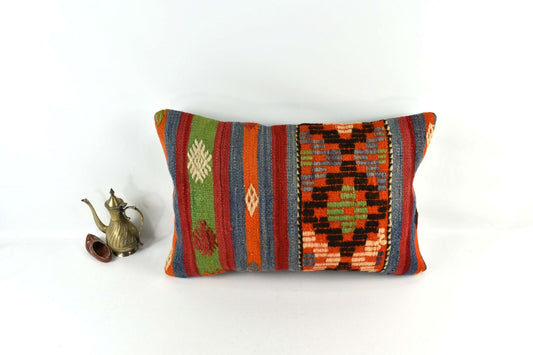 Kilim Pillow Cover 16x24 Tribal Vintage Turkish Carpet Lumbar Pillow Cover 3440