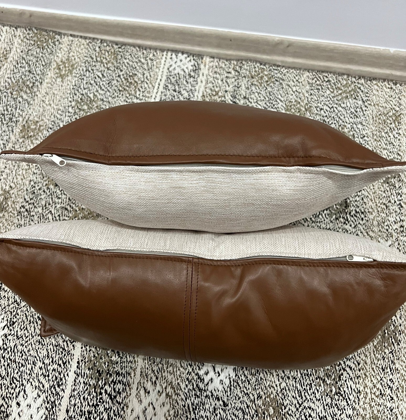 Genuine Leather Fabric Double Sided Pillow Cover Black Brown Lumbar Cushion Case