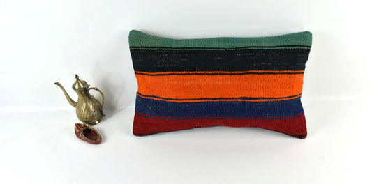 Kilim Pillow Cover 12x20 Handmade Turkish Rug Boho Ethnic Lumbar Cushion 3292