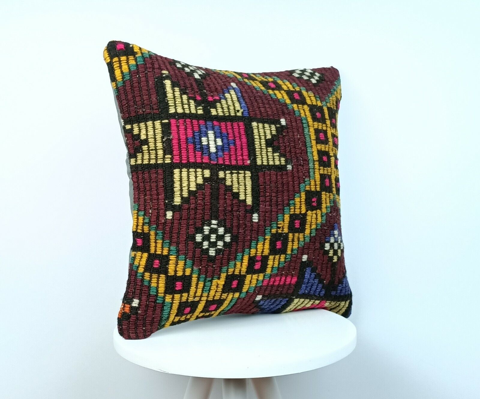 Kilim Pillow Cover 16x16 Handmade Vintage Wool Lumbar Tribal Ethnic Cushion E149