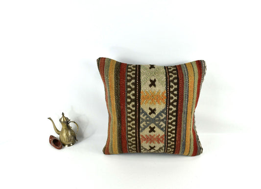 18"x18" Kilim Pillow Cover  Handmade Turkish Vintage Cushion Tribal Lumbar 3417