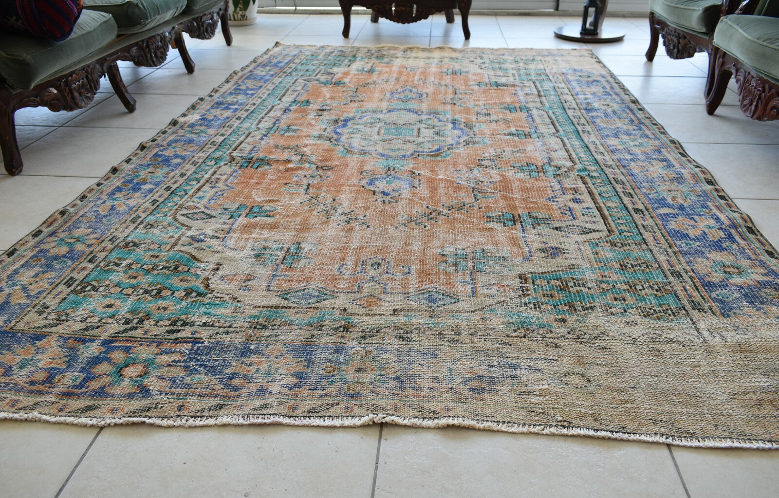 Large Turkish Rug 8.8x5.5 ft Vintage Rug Faded Oushak Rug Living Room Carpet B20