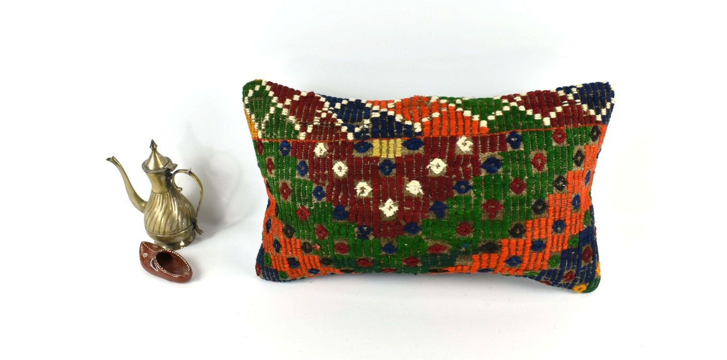 Kilim Pillow Cover 12x20 Handmade Turkish Rug Boho Ethnic Lumbar Cushion 3294