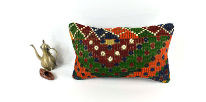 Kilim Pillow Cover 12x20 Handmade Turkish Rug Boho Ethnic Lumbar Cushion 3294