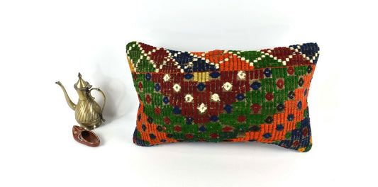 Kilim Pillow Cover 12x20 Handmade Turkish Rug Boho Ethnic Lumbar Cushion 3294