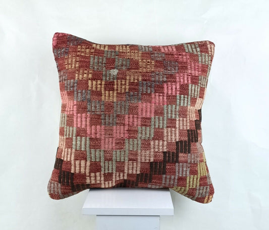 Kilim Pillow Cover 18x18 Handmade Turkish Ethnic Vintage Lumbar Cushion A1418